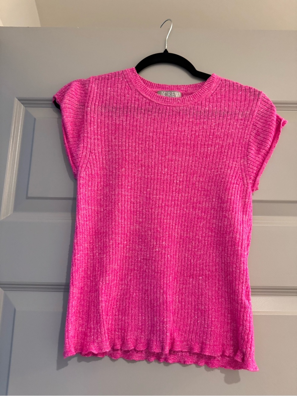 J. Crew Hot Pink Ribbed Cap-Sleeve Knit Top